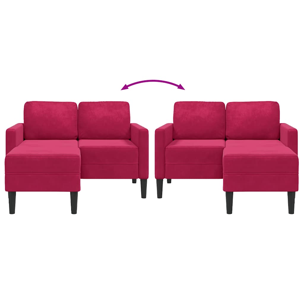 borvörös bársony 2 üléses kanapé L-alakú kanapéval 125 cm