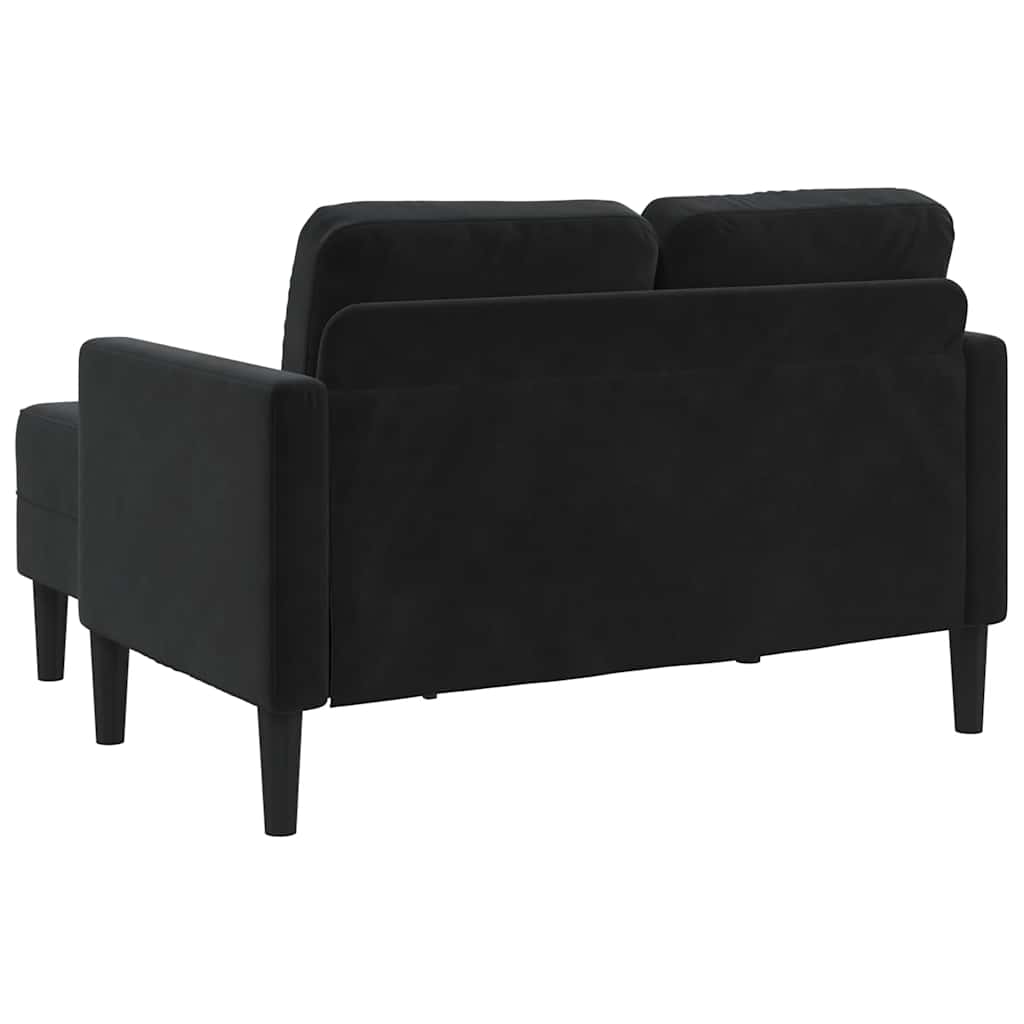 kétszemélyes, L-alakú, fekete bársony kanapé heverővel 125 cm