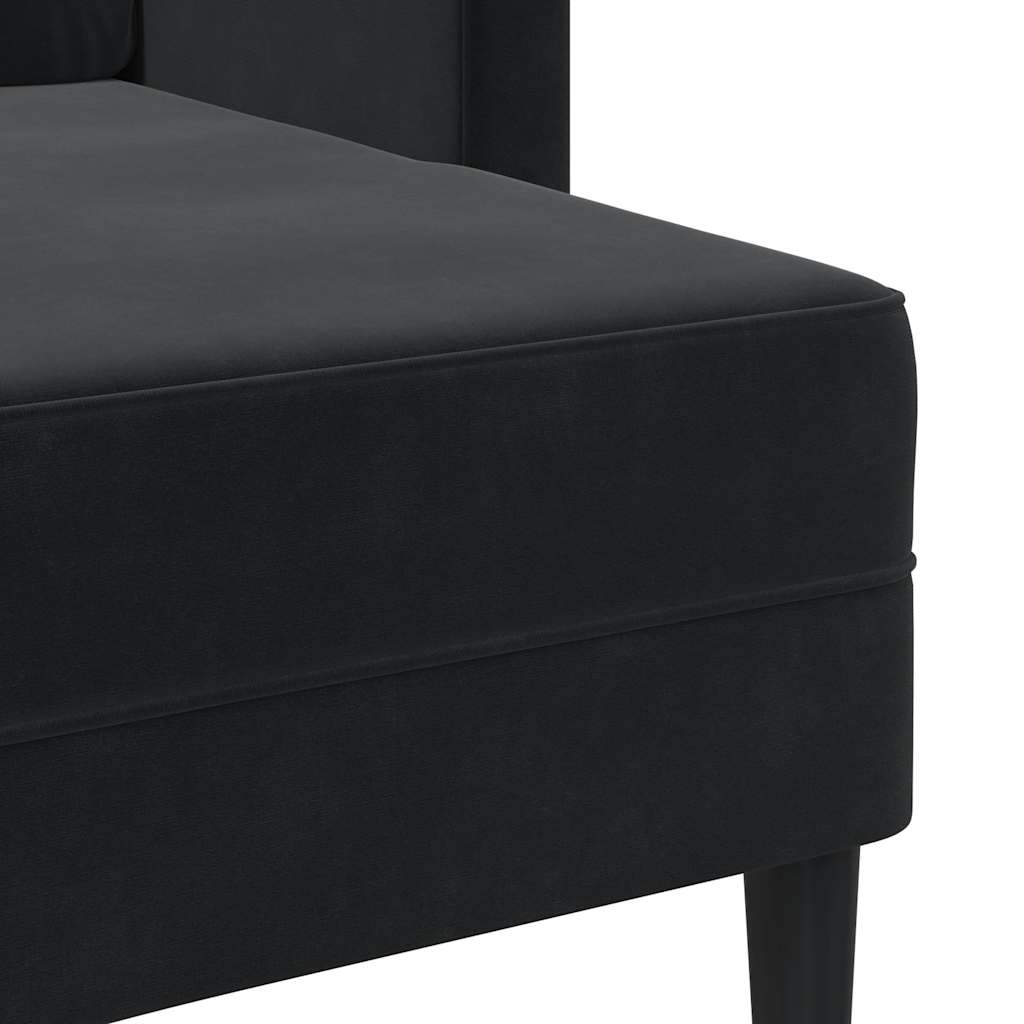 kétszemélyes, L-alakú, fekete bársony kanapé heverővel 125 cm