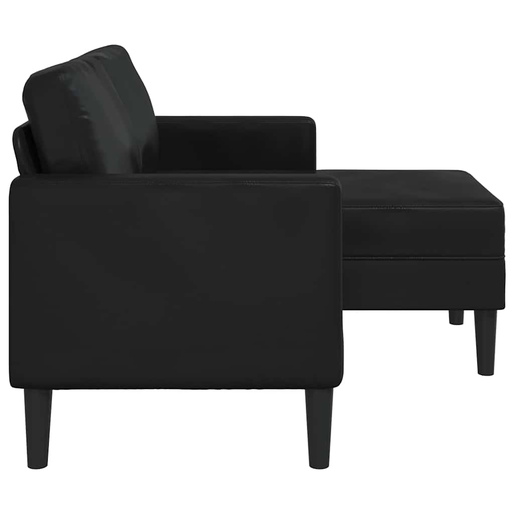 kétszemélyes, L alakú, fekete műbőr kanapé heverővel 125 cm