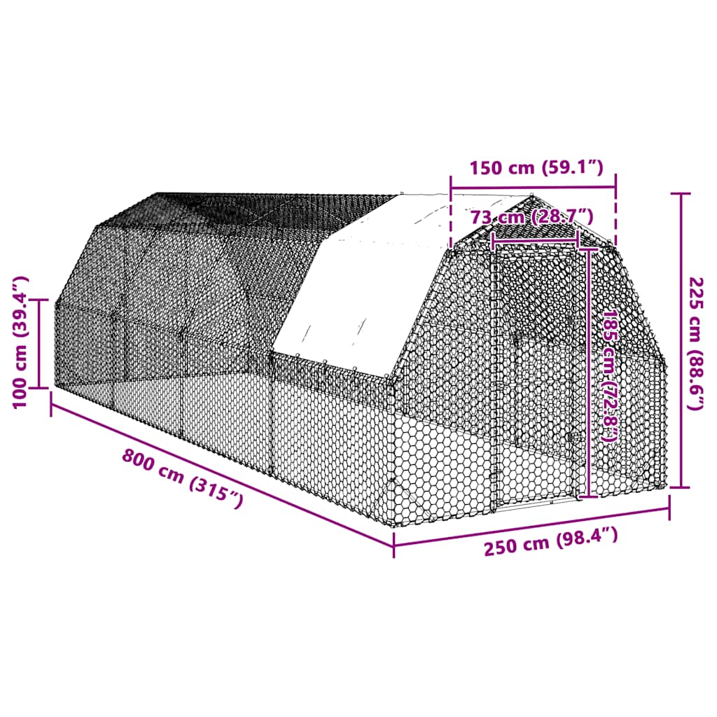Csirkekifutó tetővel 2,5x8x2,25 m horganyzott acél