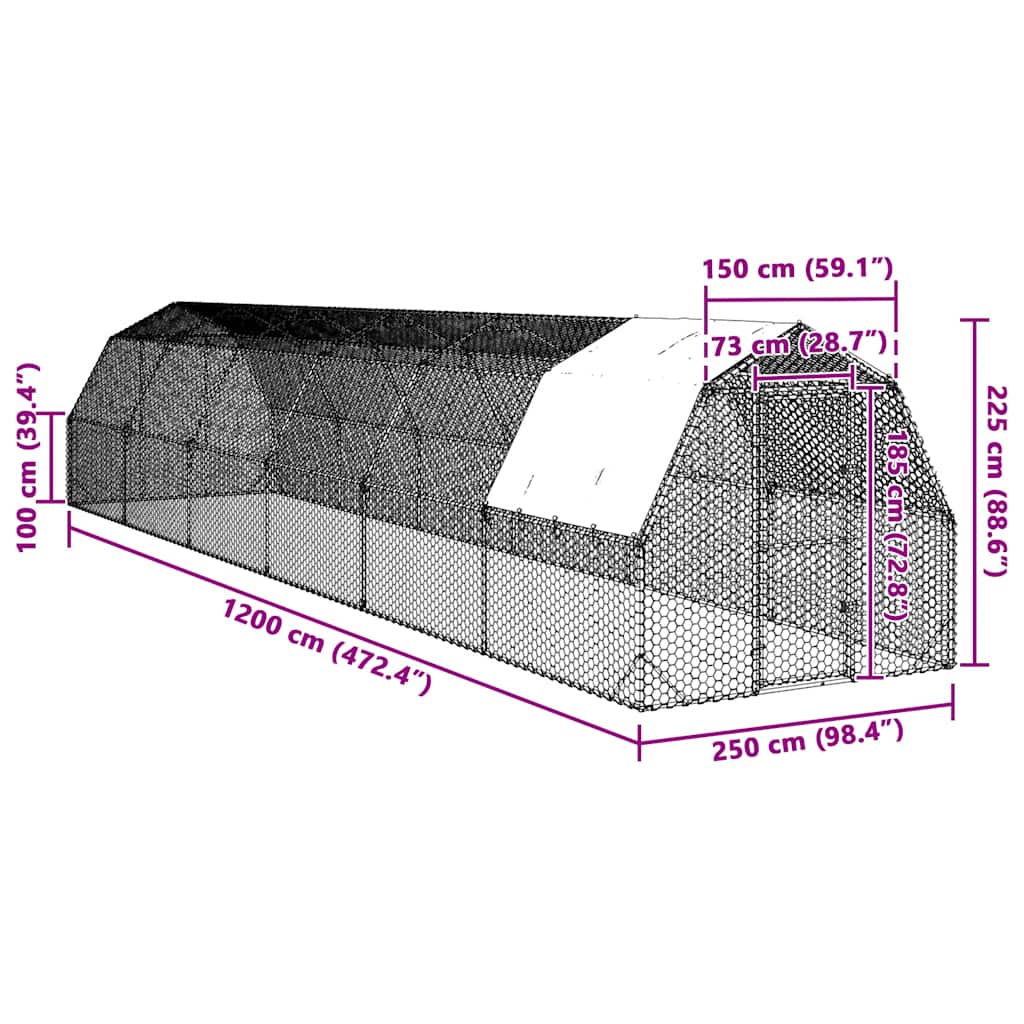 Csirkekifutó tetővel 2,5x12x2,25 m horganyzott acél