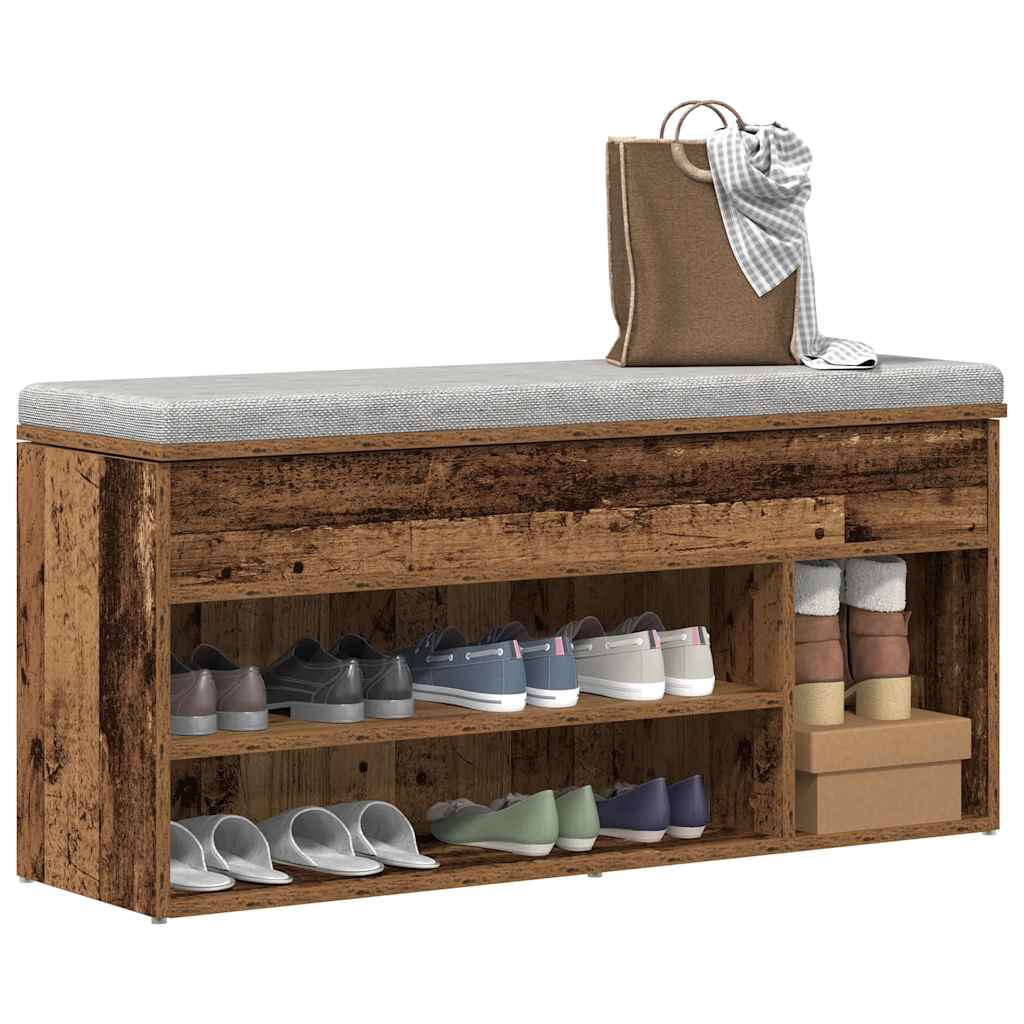 antik fa színű szerelt fa cipőtároló pad 102x30,5x45 cm
