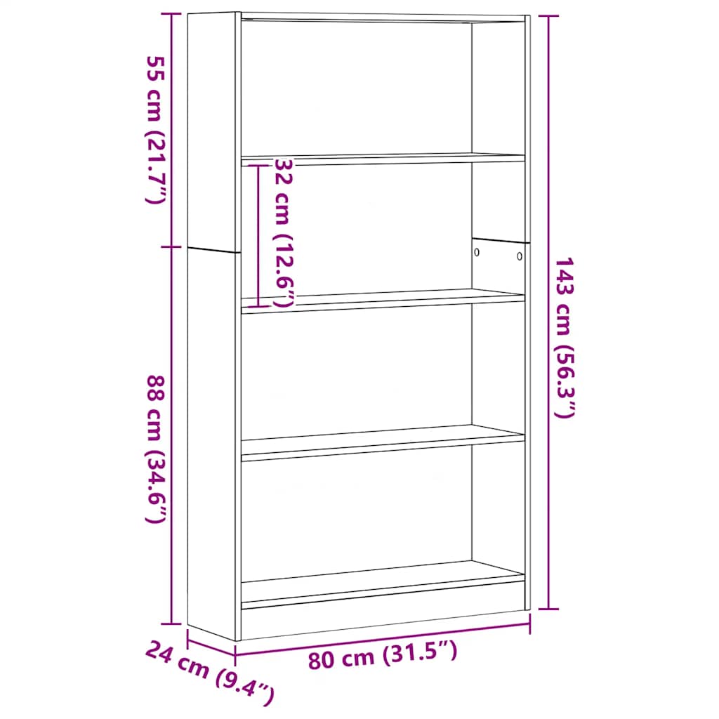 4 szintes fekete tölgy szerelt fa könyvespolc 80x24x143 cm
