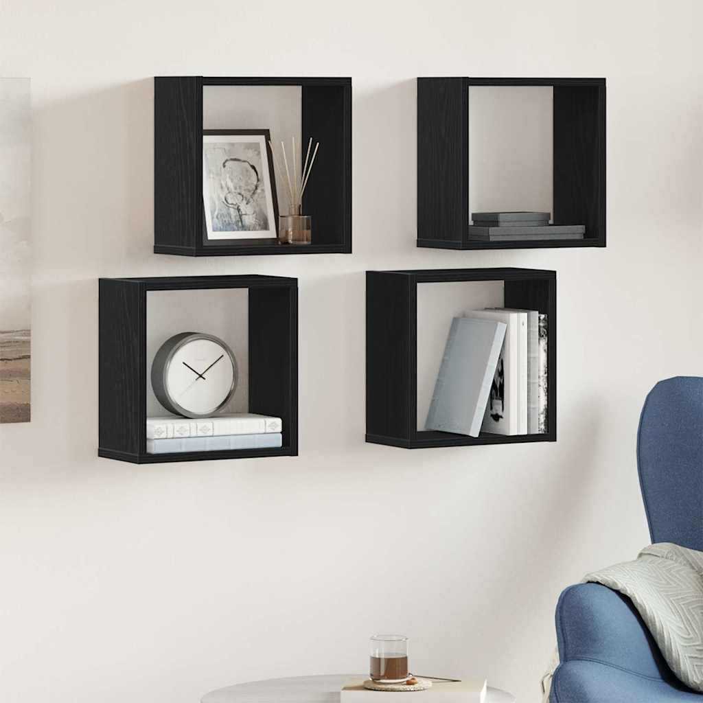 4 db fekete tölgyszínű szerelt fa fali kockapolc 30x15x30 cm