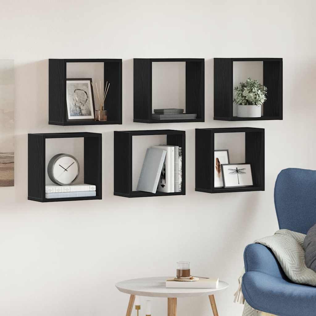 6 db fekete tölgyszínű szerelt fa fali kockapolc 30x15x30 cm