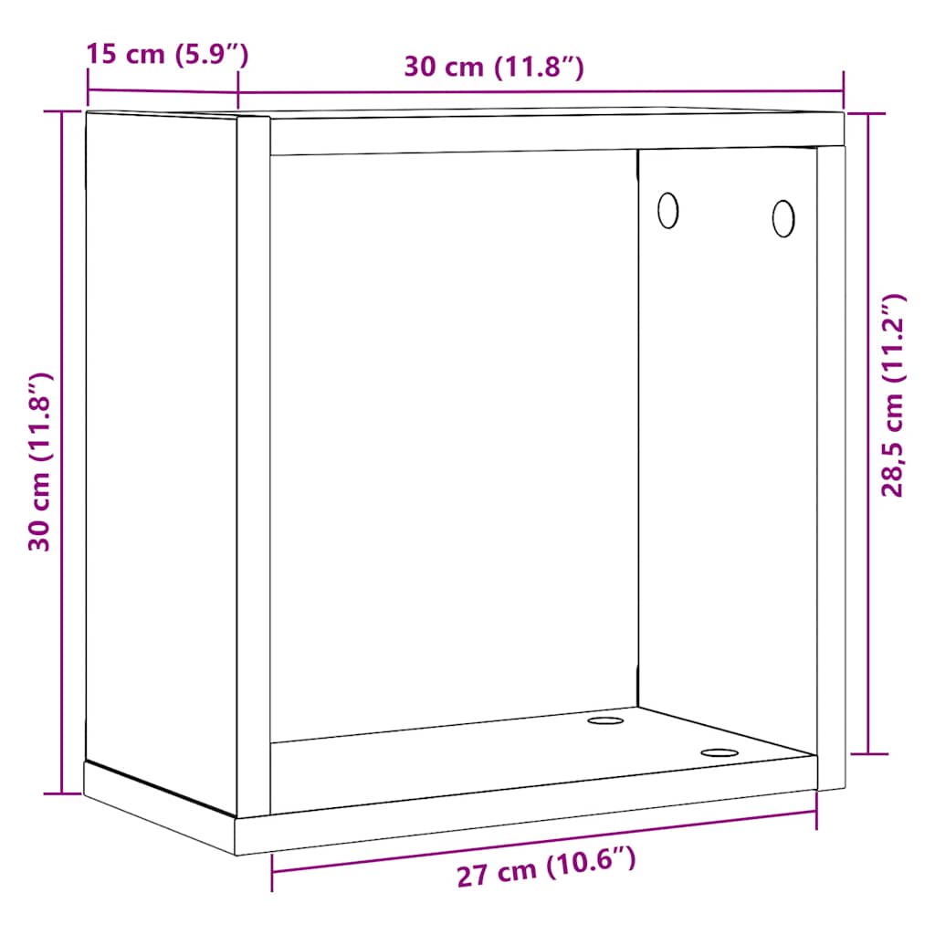 6 db fekete tölgyszínű szerelt fa fali kockapolc 30x15x30 cm