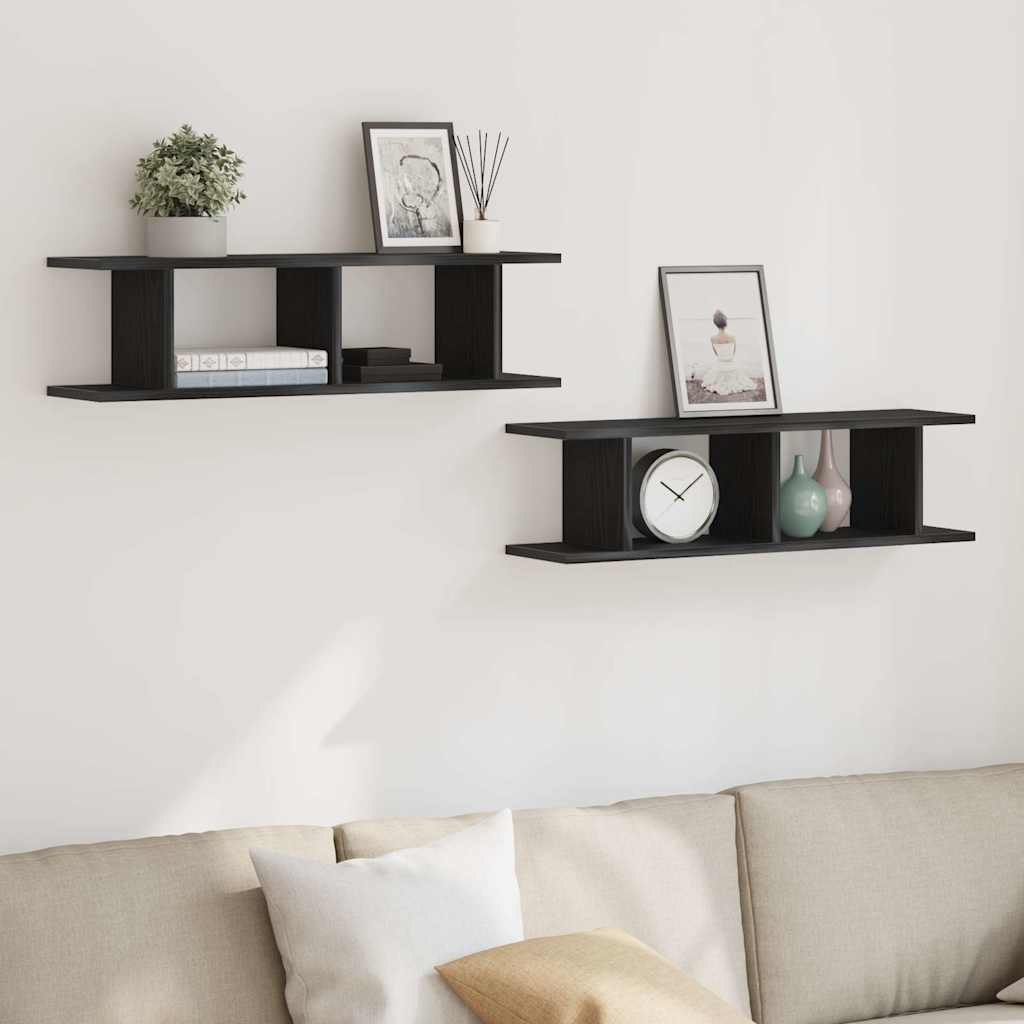 2 db fekete tölgyszínű szerelt fa fali polc 75 x 18 x 20 cm