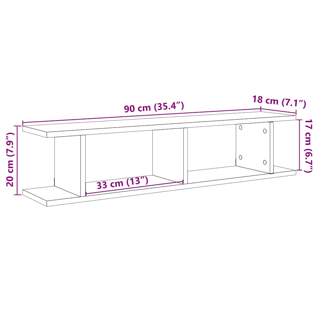 2 db fekete tölgy szerelt fa fali polcok 90x18x20 cm