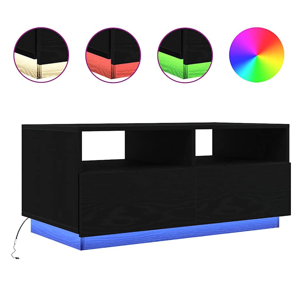 fekete tölgyszínű dohányzóasztal LED-lámpákkal 90x49x40 cm