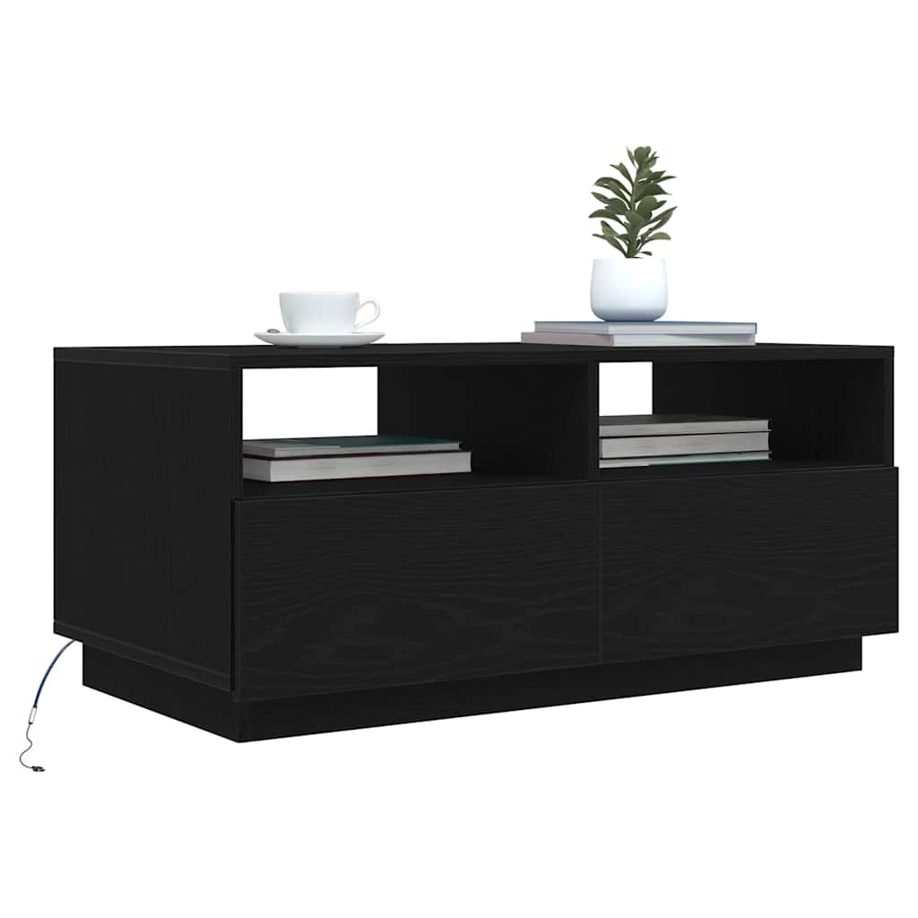 fekete tölgyszínű dohányzóasztal LED-lámpákkal 90x49x40 cm