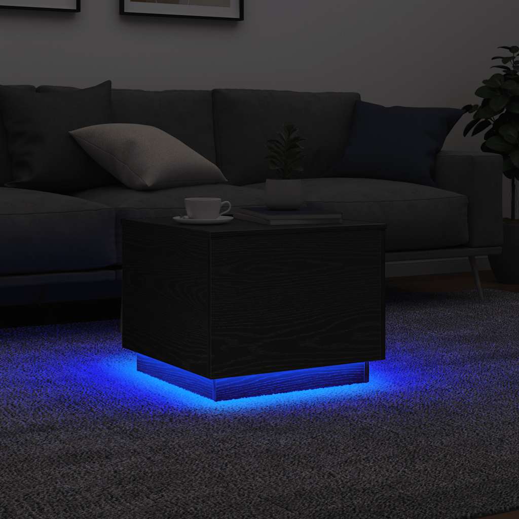 fekete tölgyszínű dohányzóasztal LED-lámpákkal 50 x 50 x 40 cm