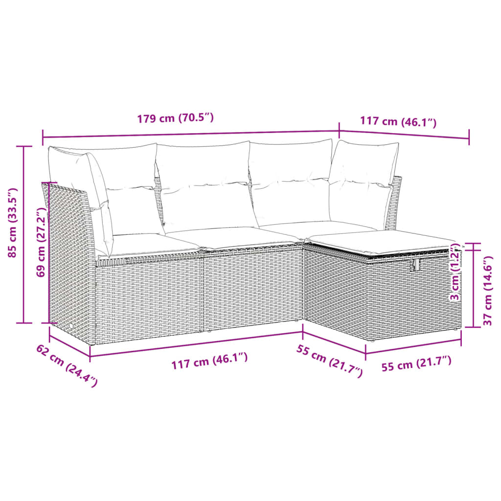 4 részes fekete polyrattan kerti ülőgarnitúra párnákkal
