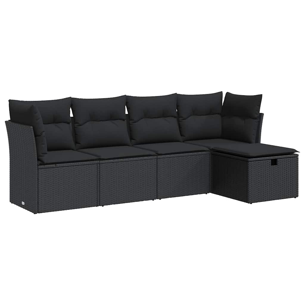 5 részes fekete polyrattan kerti kanapészett párnákkal