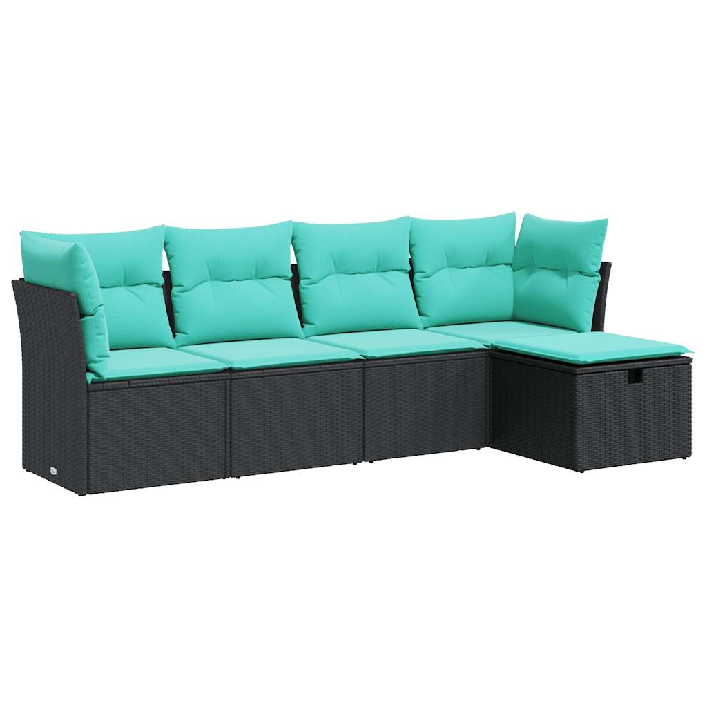 5 részes fekete polyrattan kerti kanapészett párnákkal