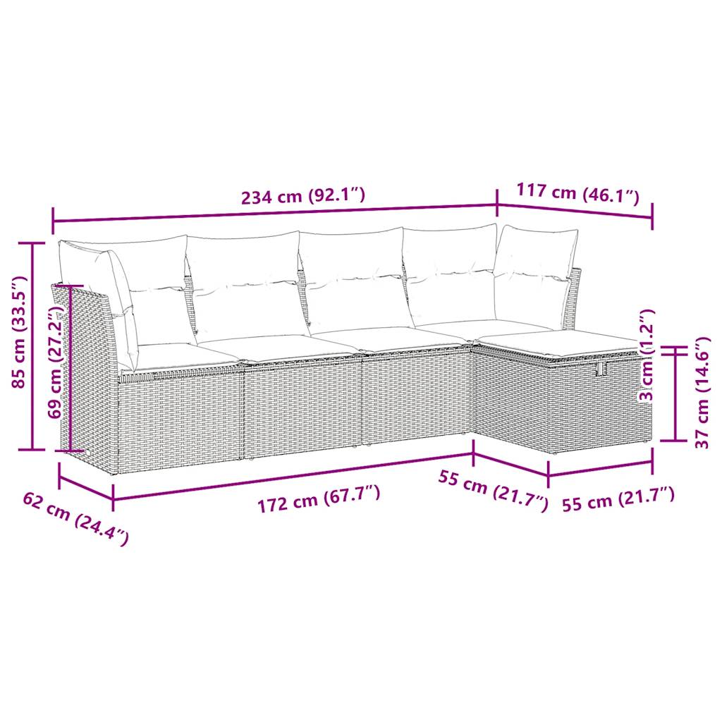 5 részes fekete polyrattan kerti kanapészett párnákkal