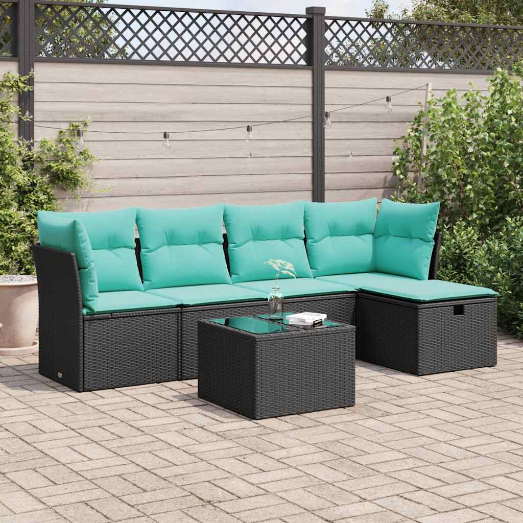 6 részes fekete polyrattan kerti ülőgarnitúra párnákkal