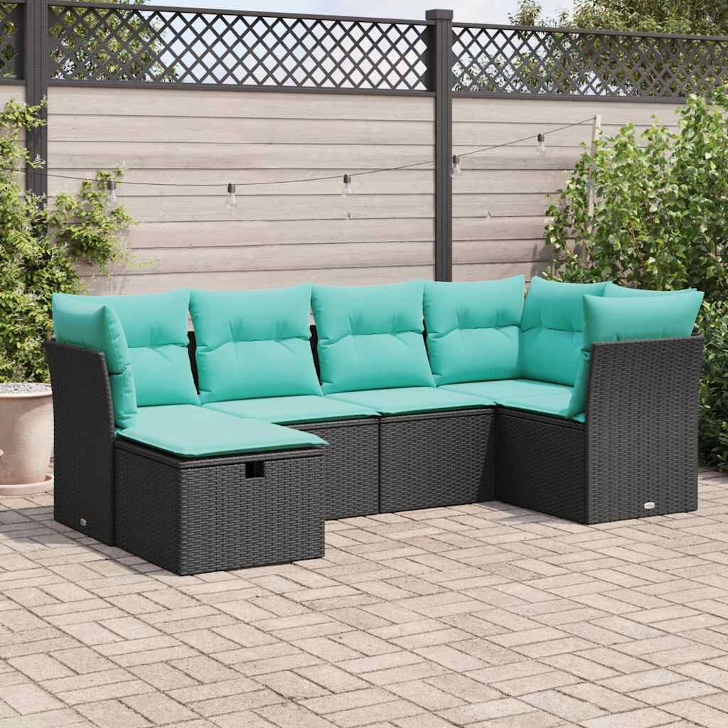 6 részes fekete polyrattan kerti ülőgarnitúra párnákkal