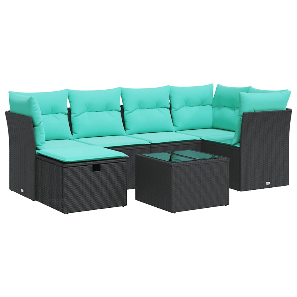 7 részes fekete polyrattan kerti ülőgarnitúra párnával