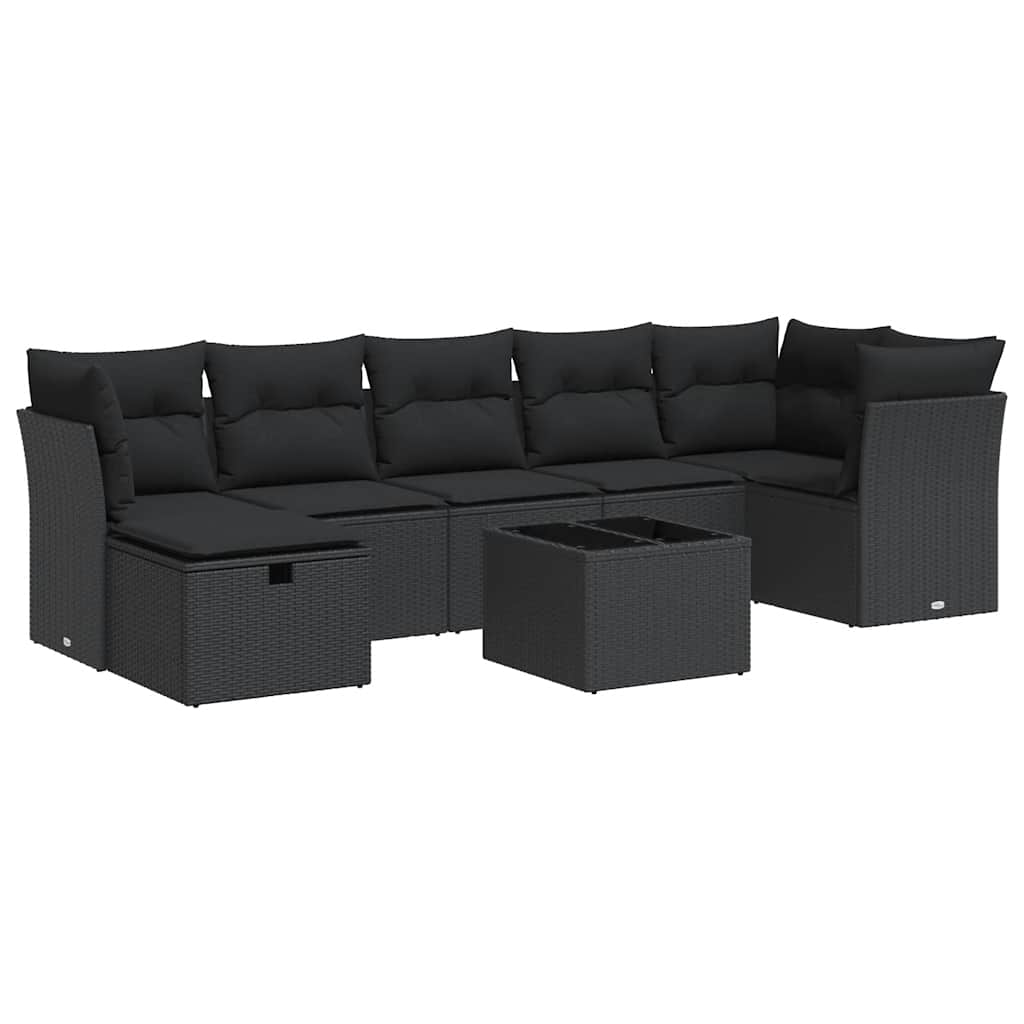 8 részes fekete polyrattan kerti ülőgarnitúra párnákkal