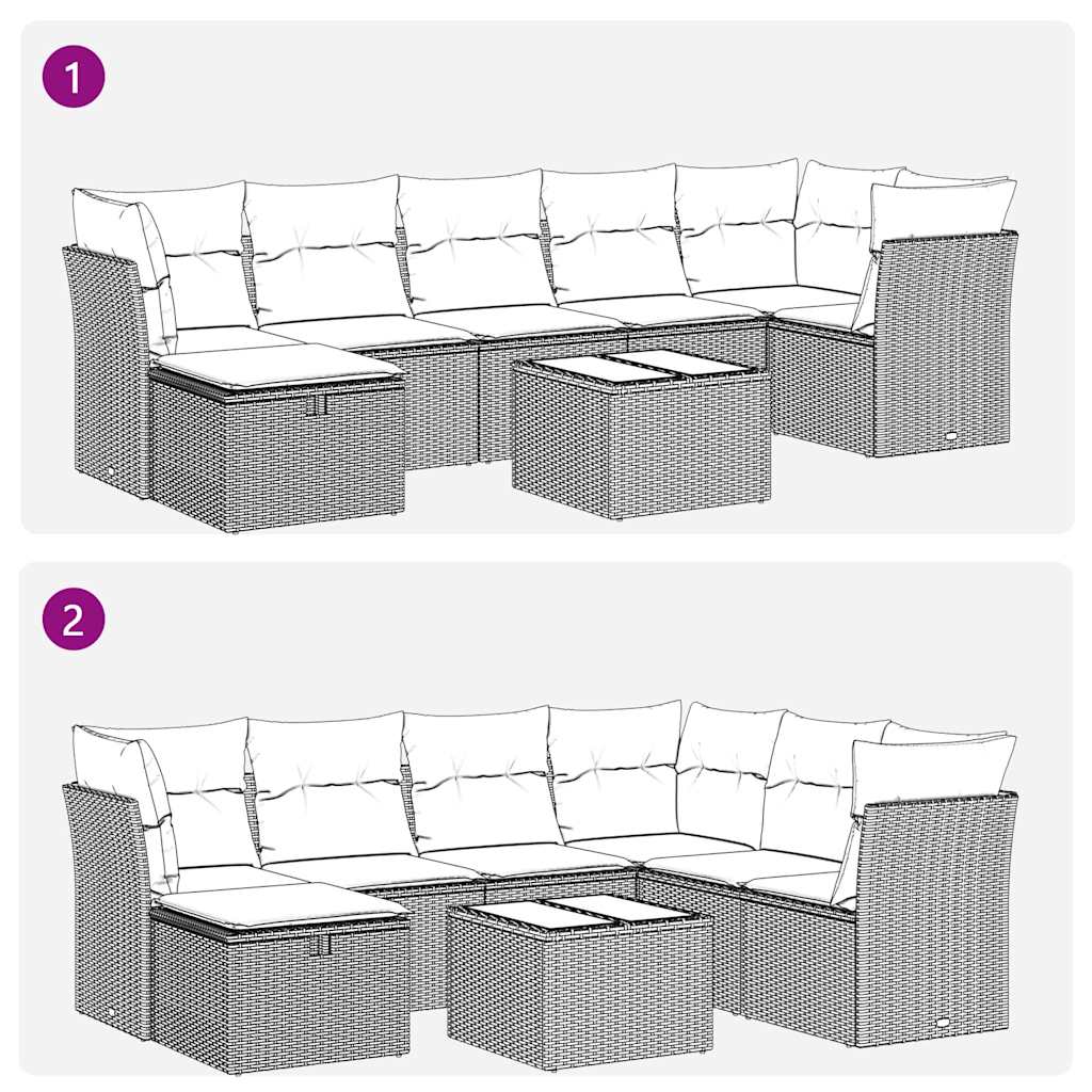 8 részes fekete polyrattan kerti ülőgarnitúra párnákkal