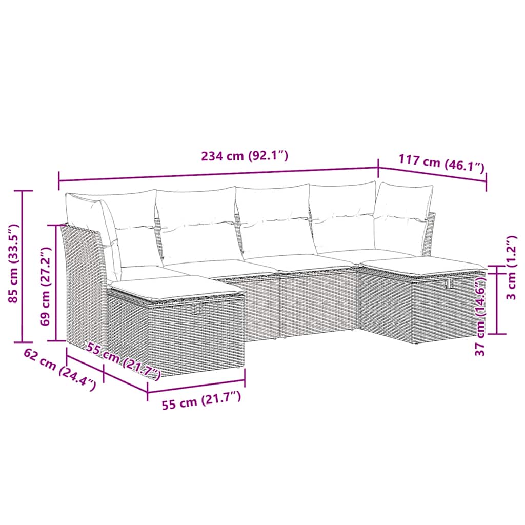 6 részes fekete polyrattan kerti ülőgarnitúra párnákkal