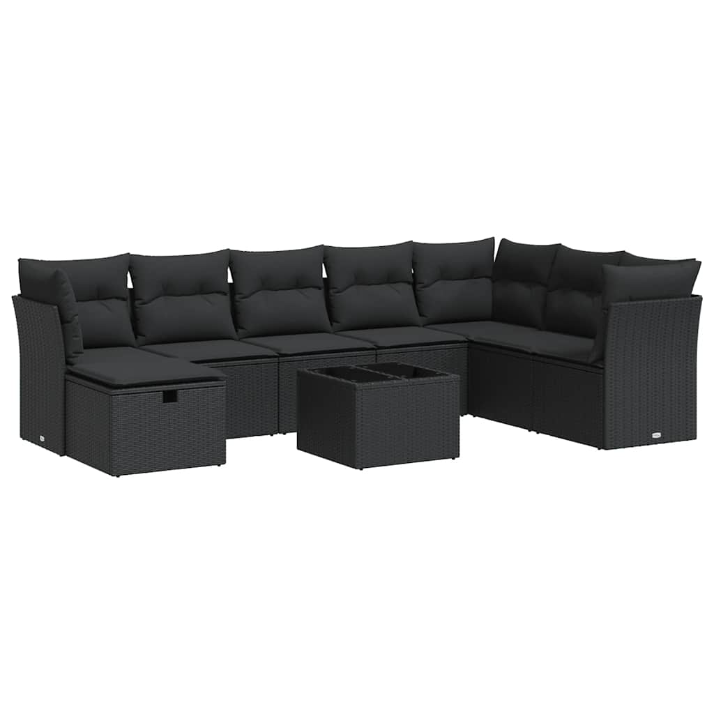 9 részes fekete polyrattan kerti ülőgarnitúra párnákkal