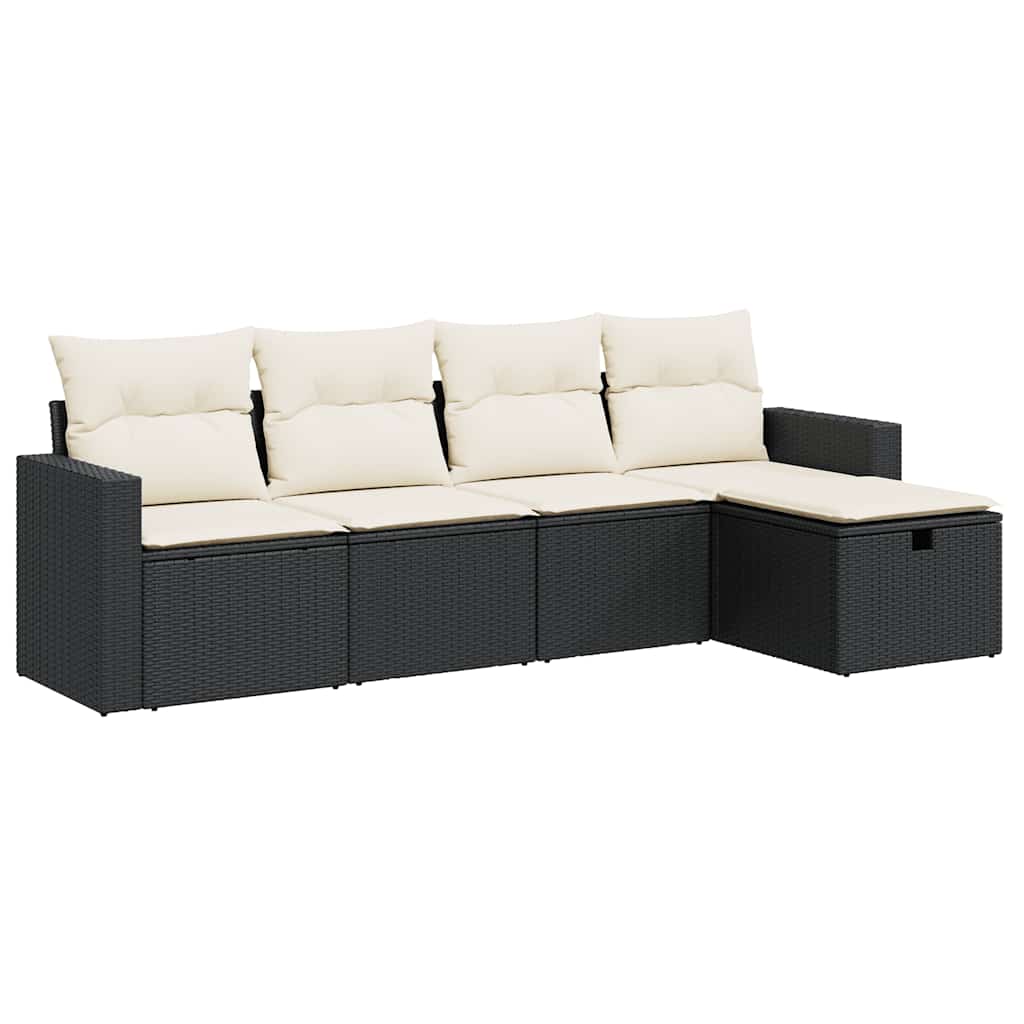 5 részes fekete polyrattan kerti kanapészett párnákkal