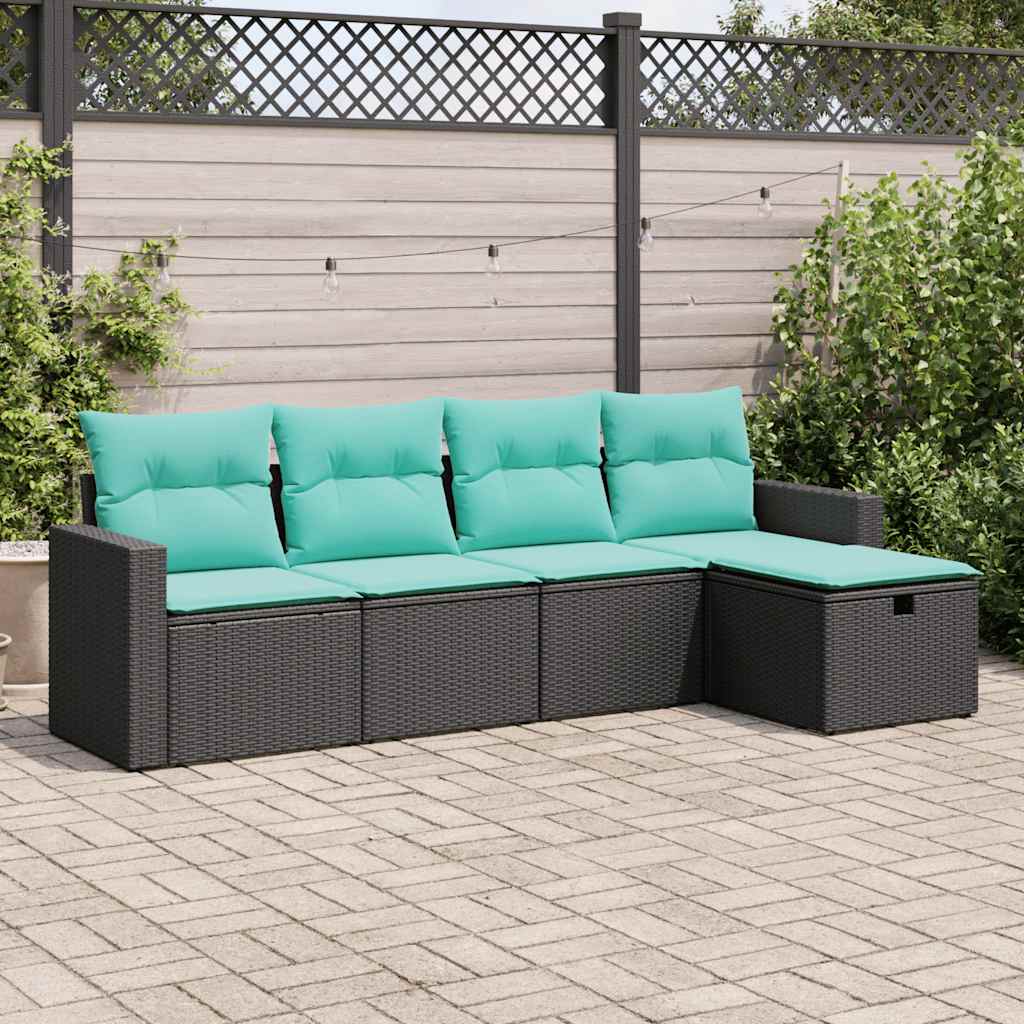 5 részes fekete polyrattan kerti kanapészett párnákkal
