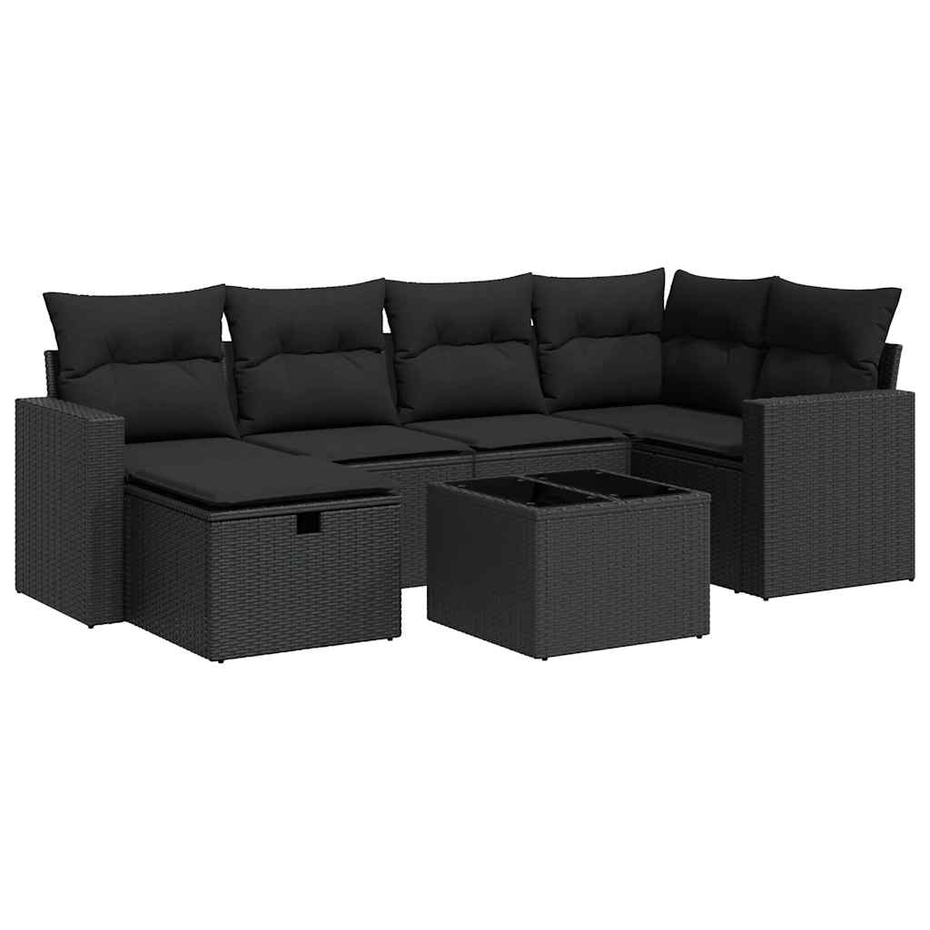 7 részes fekete polyrattan kerti ülőgarnitúra párnával