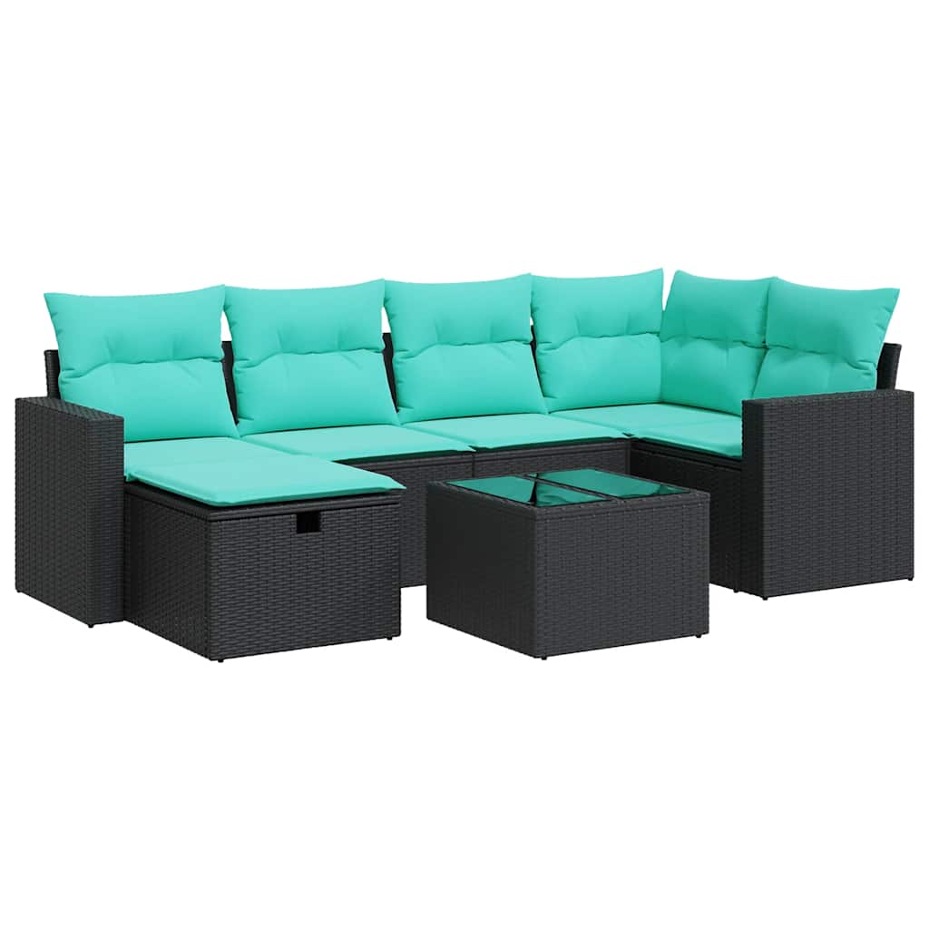 7 részes fekete polyrattan kerti ülőgarnitúra párnával