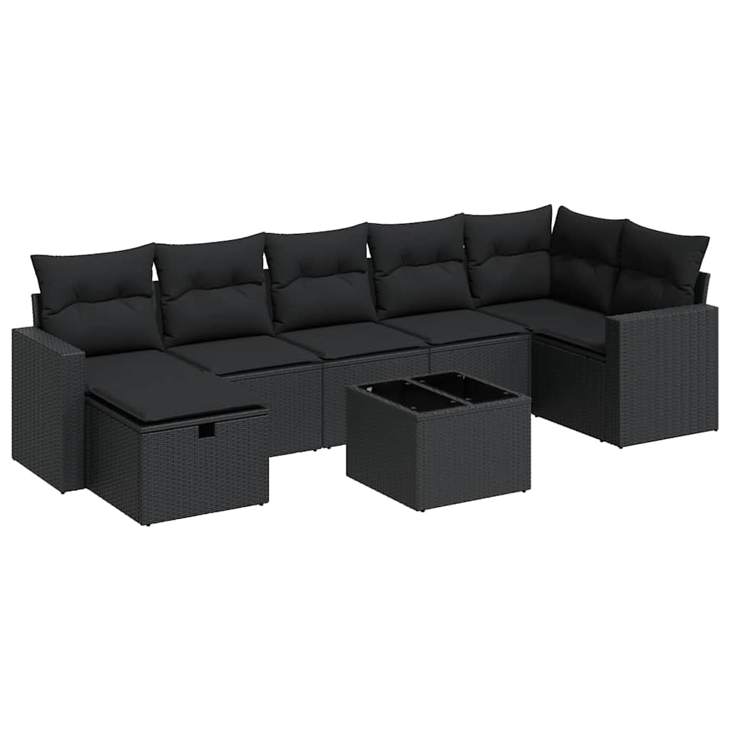 8 részes fekete polyrattan kerti ülőgarnitúra párnákkal