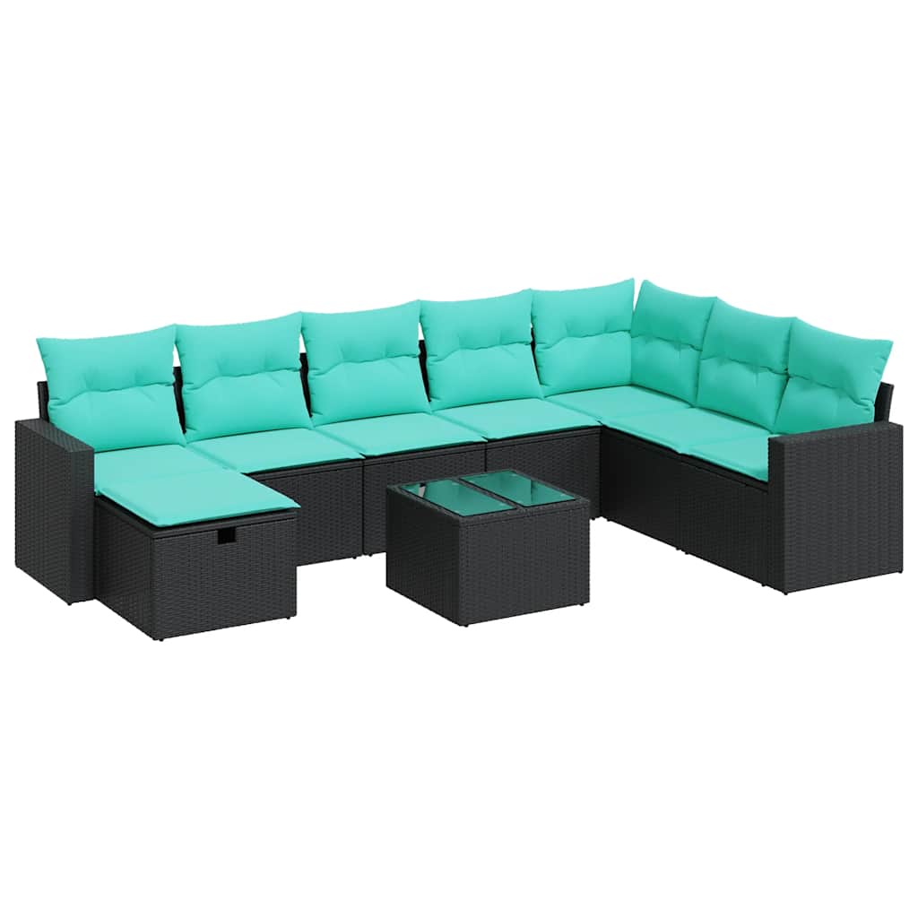9 részes fekete polyrattan kerti ülőgarnitúra párnákkal