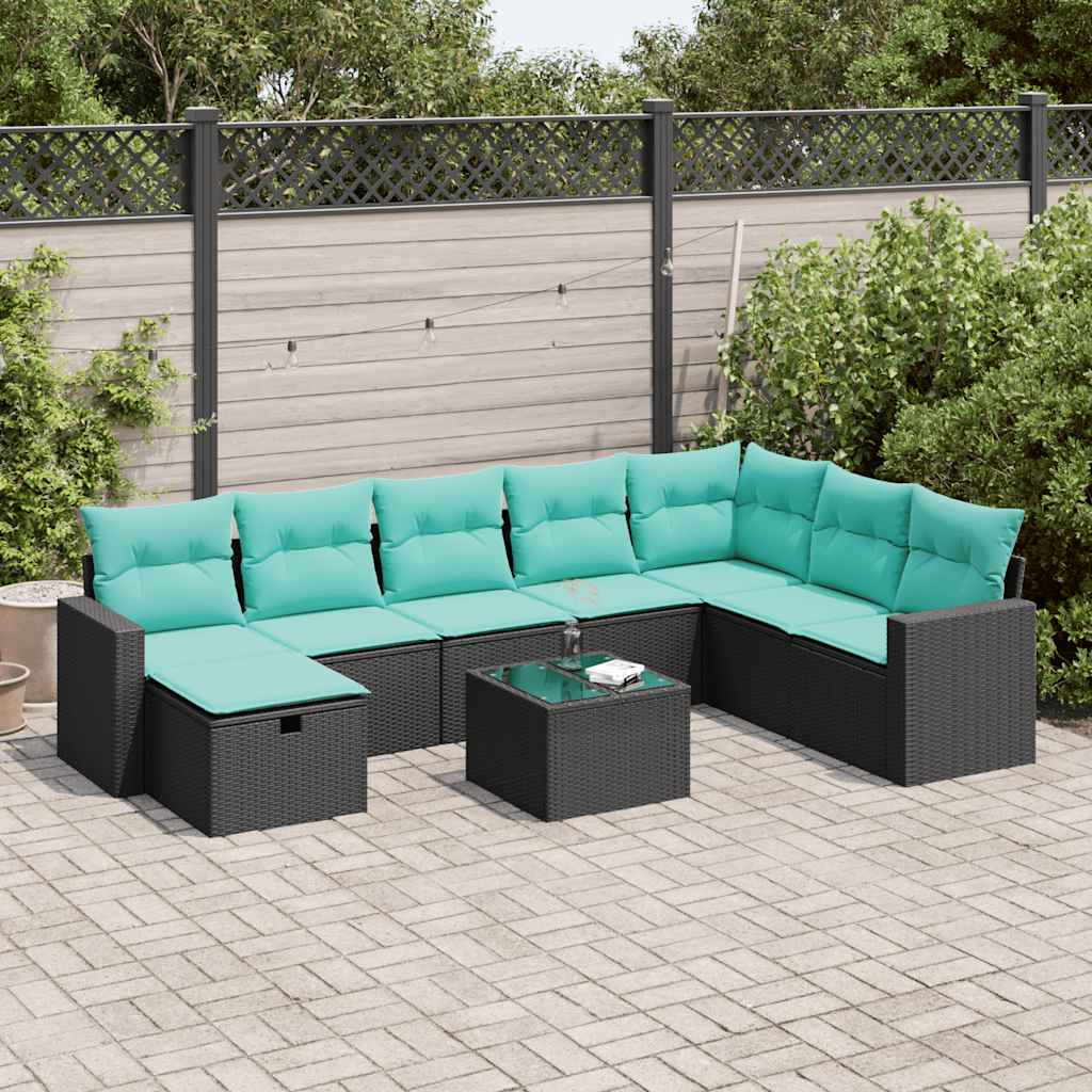 9 részes fekete polyrattan kerti ülőgarnitúra párnákkal