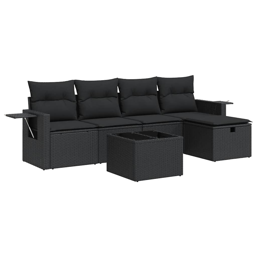6 részes fekete polyrattan kerti ülőgarnitúra párnákkal