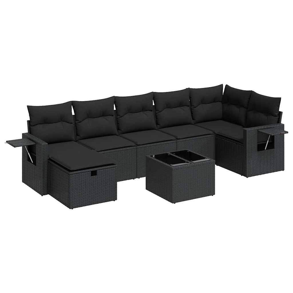 8 részes fekete polyrattan kerti ülőgarnitúra párnákkal