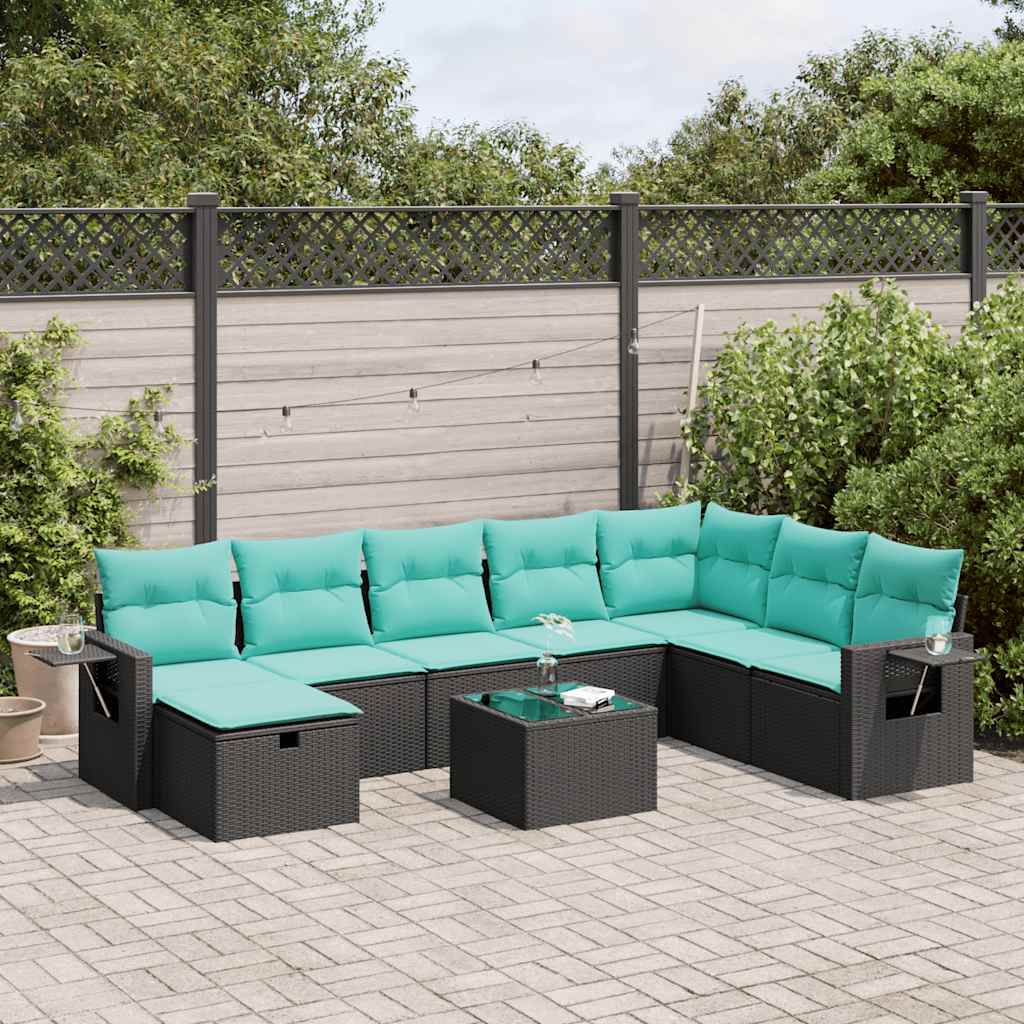 9 részes fekete polyrattan kerti ülőgarnitúra párnákkal