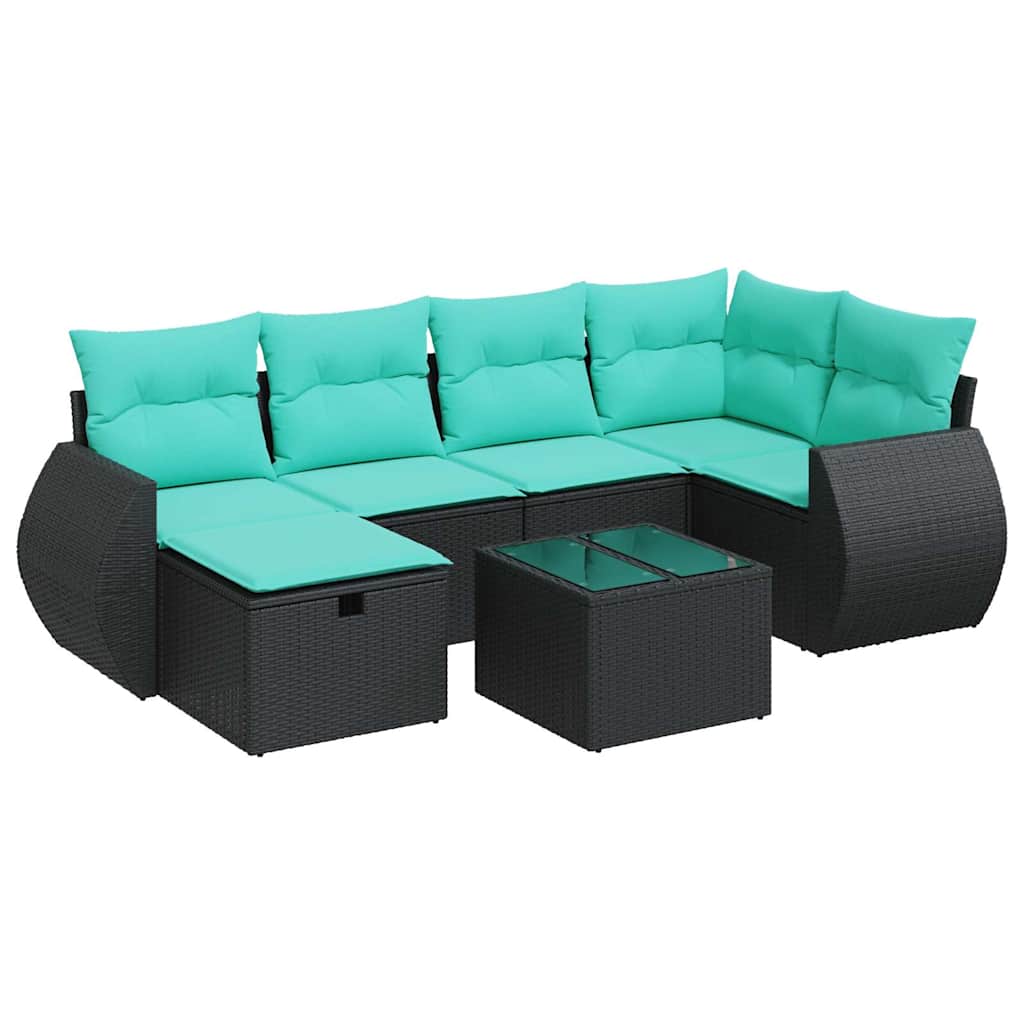 7 részes fekete polyrattan kerti ülőgarnitúra párnával