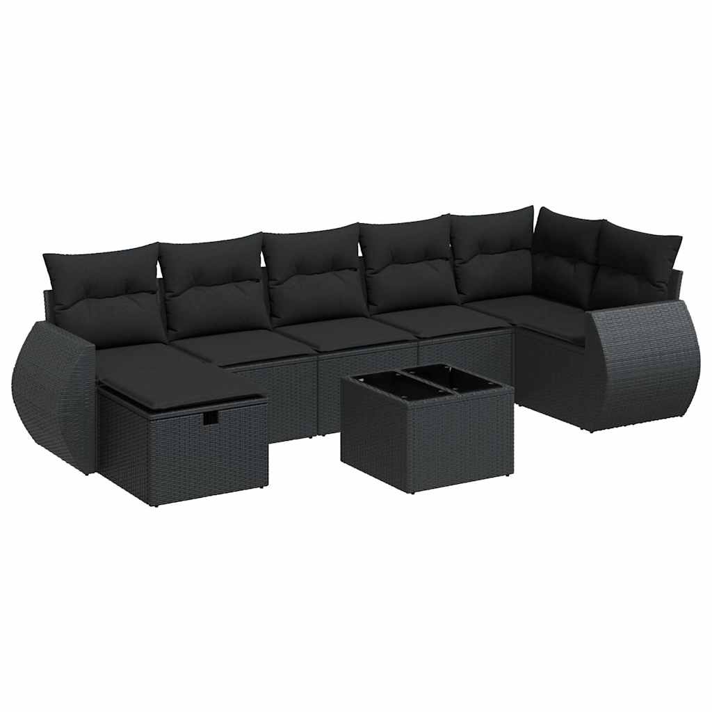8 részes fekete polyrattan kerti ülőgarnitúra párnákkal