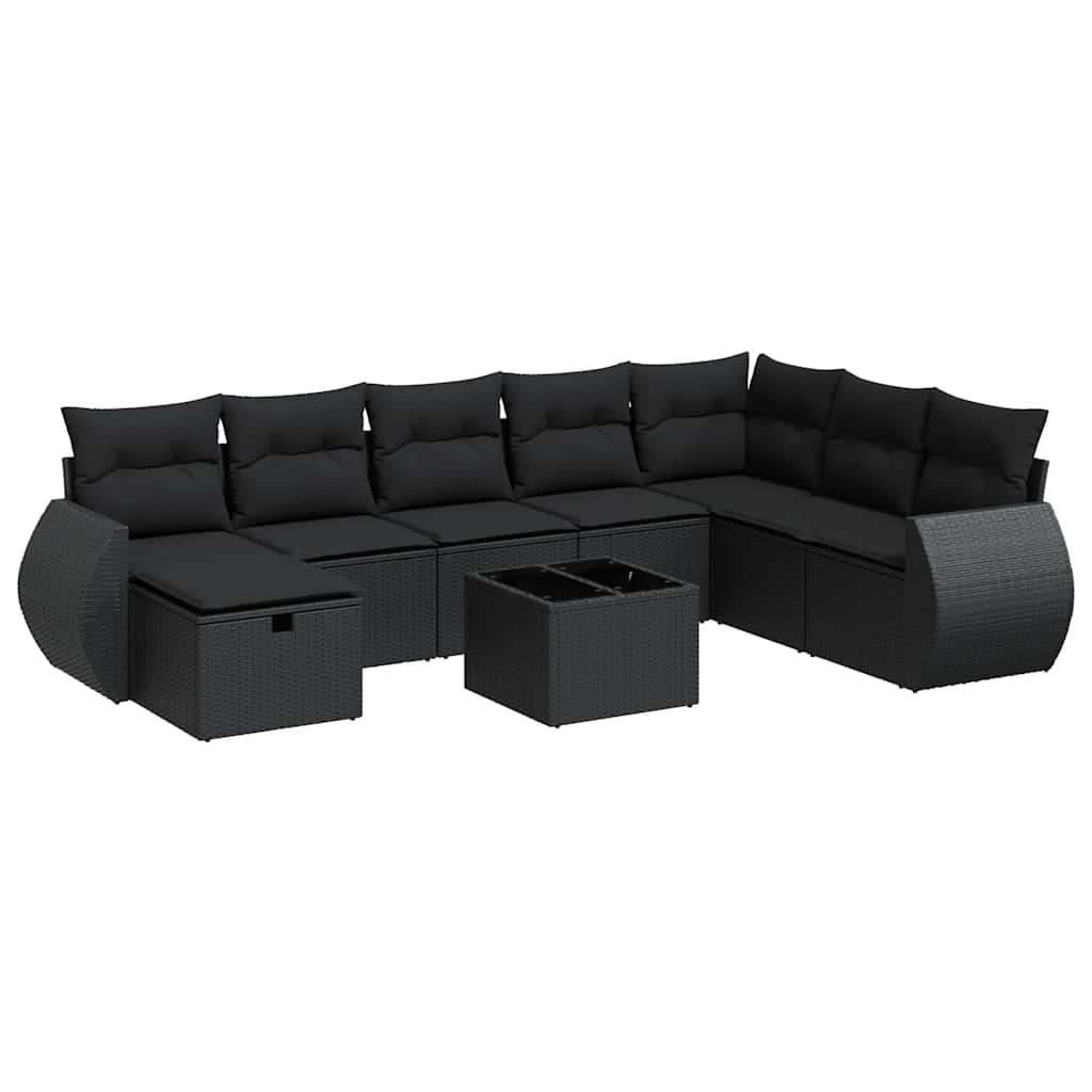 9 részes fekete polyrattan kerti ülőgarnitúra párnákkal
