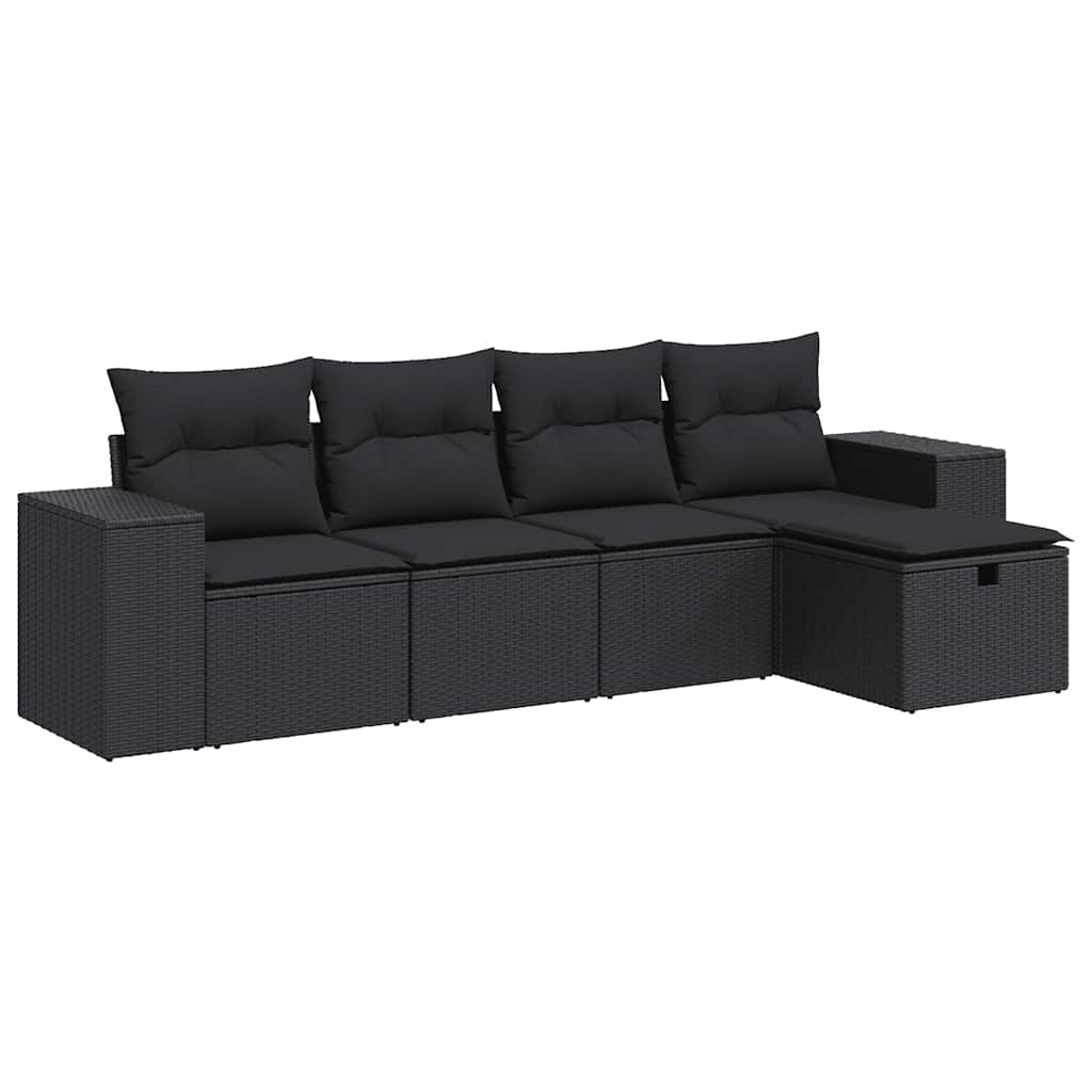 5 részes fekete polyrattan kerti kanapészett párnákkal