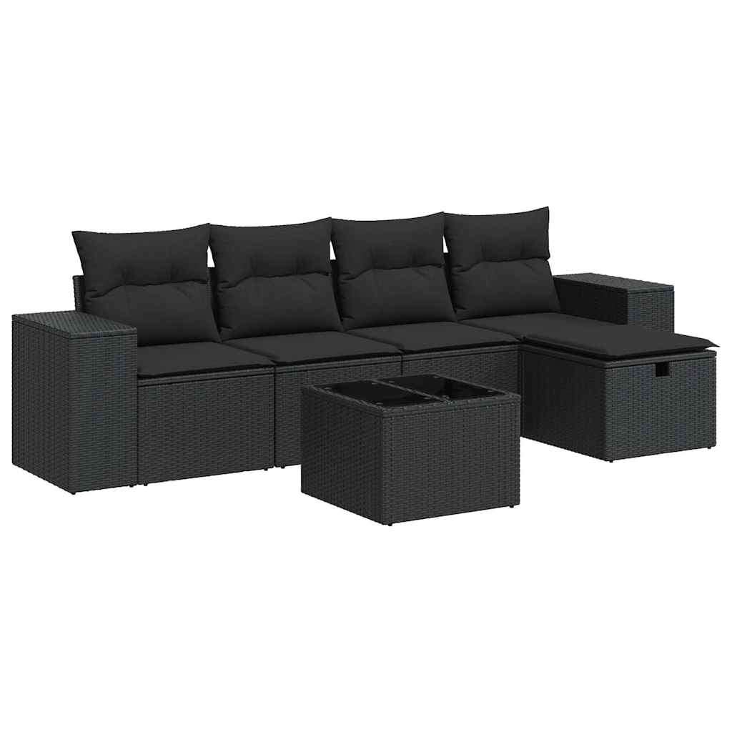 6 részes fekete polyrattan kerti ülőgarnitúra párnákkal