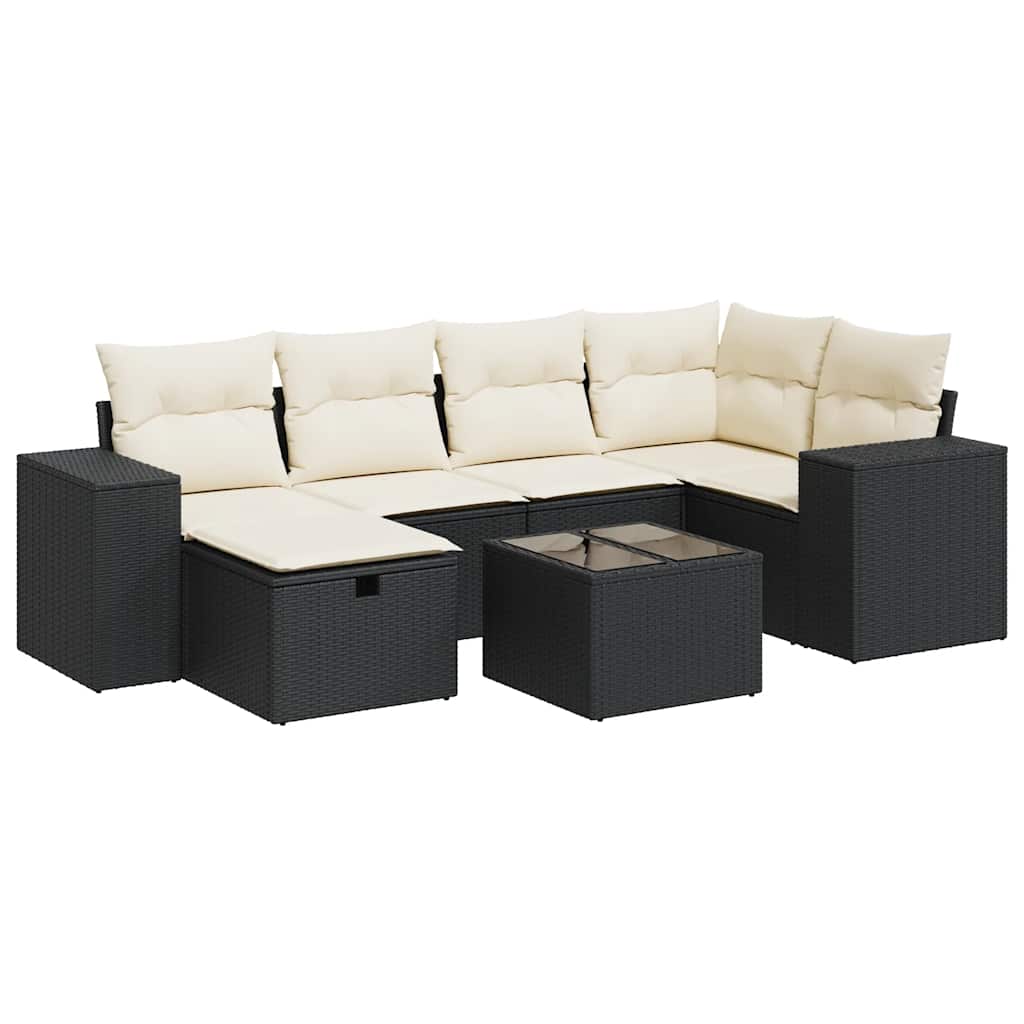 7 részes fekete polyrattan kerti ülőgarnitúra párnával