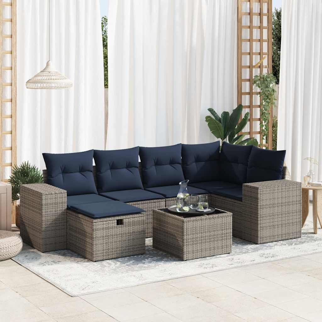 7 részes szürke polyrattan kerti ülőgarnitúra párnákkal