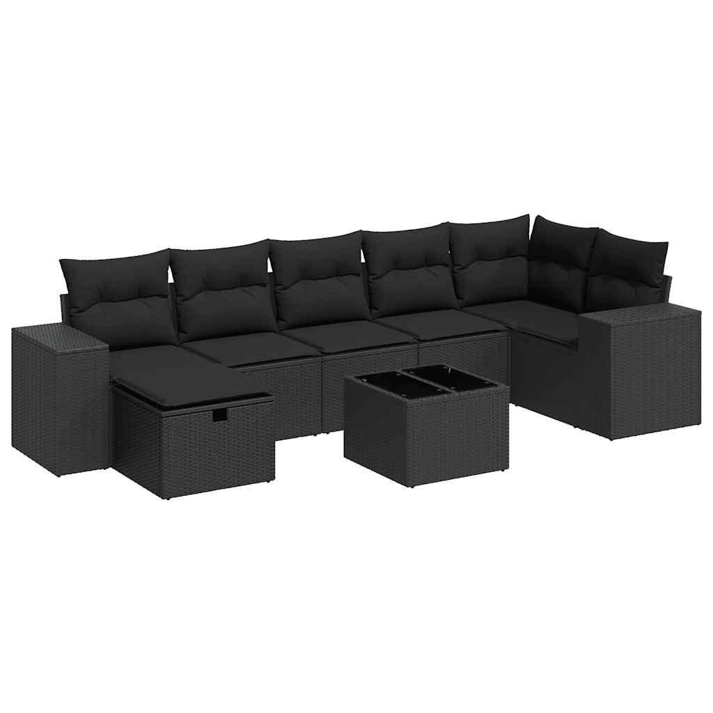 8 részes fekete polyrattan kerti ülőgarnitúra párnákkal