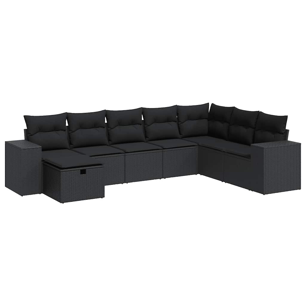 8 részes fekete polyrattan kerti ülőgarnitúra párnákkal