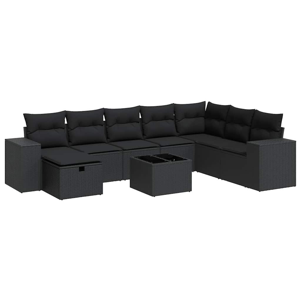 9 részes fekete polyrattan kerti ülőgarnitúra párnákkal