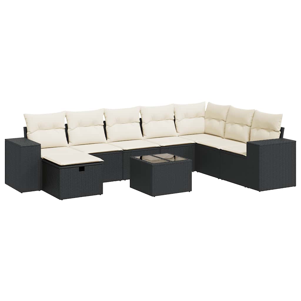 9 részes fekete polyrattan kerti ülőgarnitúra párnákkal