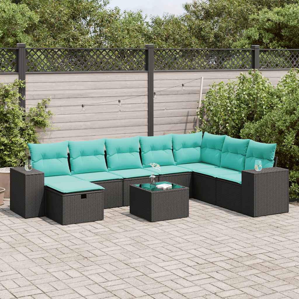 9 részes fekete polyrattan kerti ülőgarnitúra párnákkal