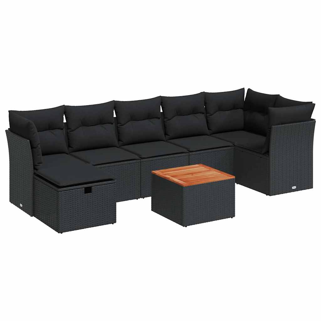 8 részes fekete polyrattan kerti ülőgarnitúra párnákkal